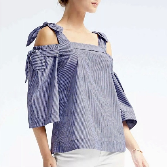 Banana Republic Tops - Banana Republic Double Bow Cold Shoulder Striped Top Blue White Coquette Stripe